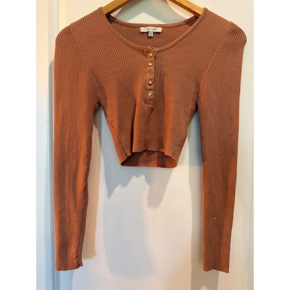 Love Tree Womens Ribbed Knit Henley Crop Top Rust Orange Long Sleeve Large